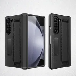 Full Coverage Hinge Protective Kickstand Leather Wristband Phone Case with Screen Protector for Samsung Galaxy Z Fold5 (Black)