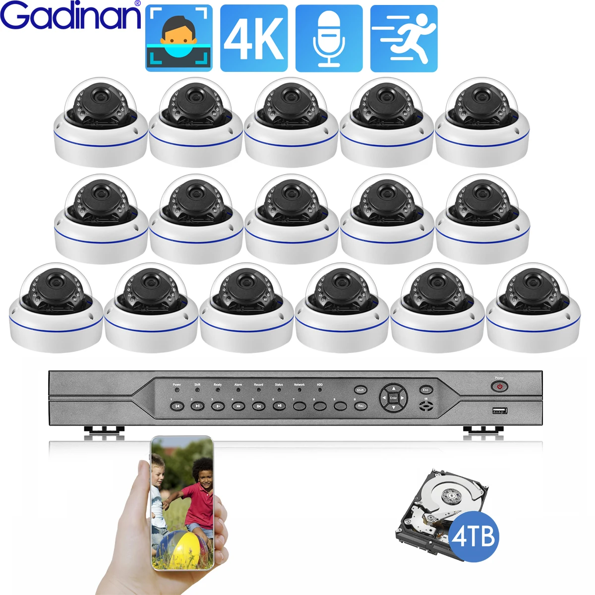 Gadinan 16CH 4K 8MP IP POE Security Camera System P2P AI Face Detect Video Surveillance Kit Audio Outdoor Home CCTV NVR Set