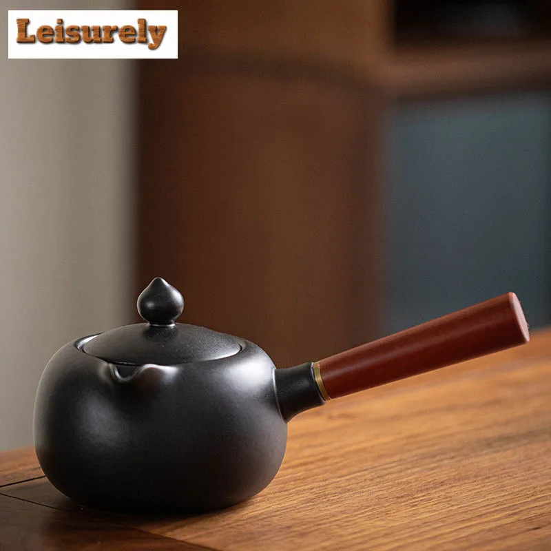 520ML Antique Pauline Lotus Ceramic Teapot Chinese Solid Wood Side Handle Pot Boiling Water Kettle For Stove Kung Fu Tea Set