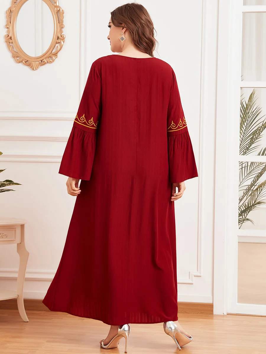 Abaya For Women Wine Ethical Embroidery Long Sleeve V-neck Moroccan Caftan Kaftan Dubai Muslim Women Robe Print Clothing