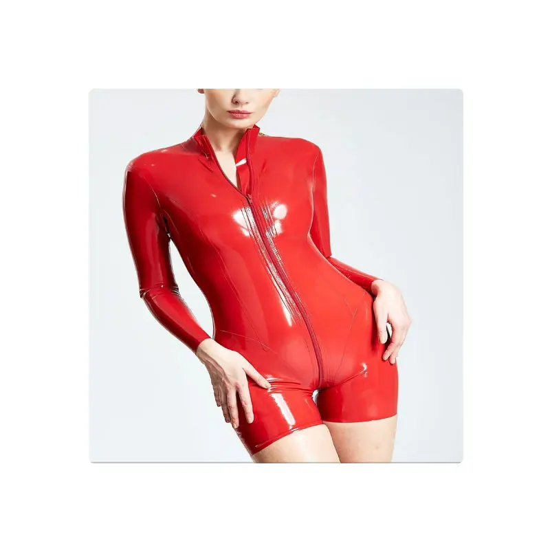 

Handmade Sexy Latex Dress Long Sleeve Red with Zippers At Front for Women