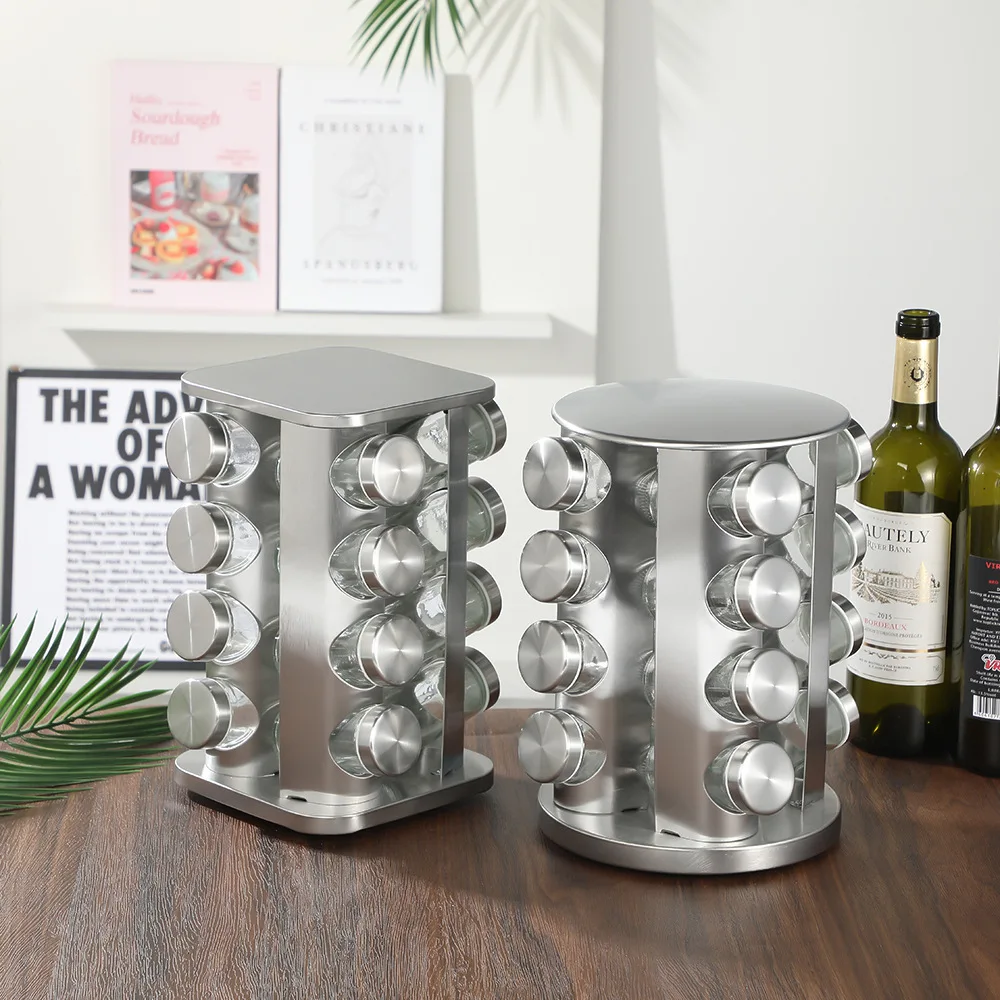 Rotating Tray Spice Rack with Round Bottle Stainless Steel Kitchen Organizer Pantry Cabinet For Seasoning Storage