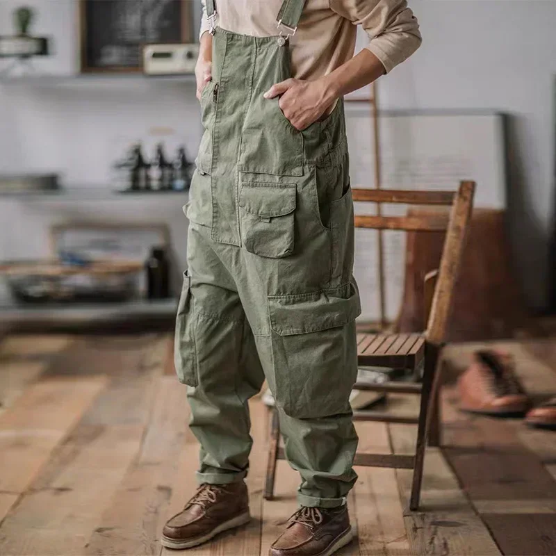 Men Retro American Cotton Overalls Bibs Loose Washing Jumpsuit Suspenders