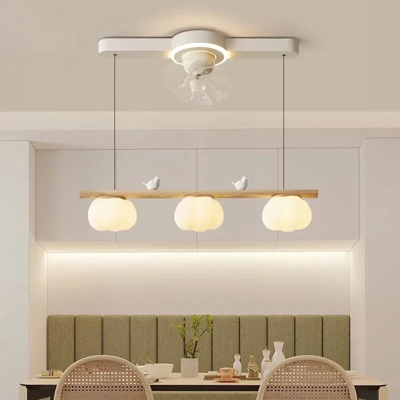 Modern Minimalist Led Pendant Fan Light Cream Integrated Restaurant Ceiling Fan Lights Bird Cotton Chandelier Home Appliance