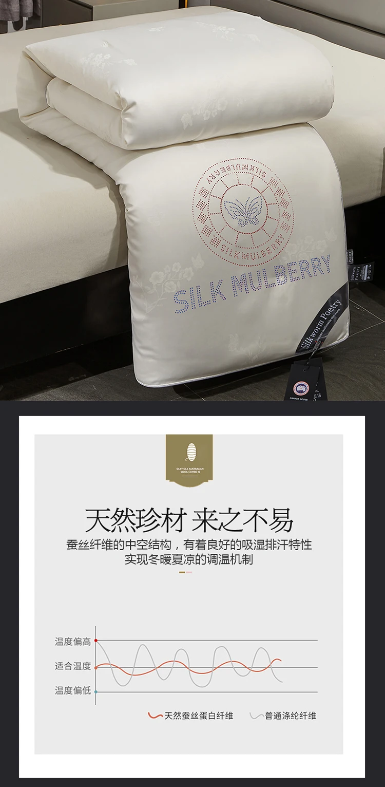 100% mulberry silk winter comforter with 5kg quilt core and cotton cover on a cozy bed