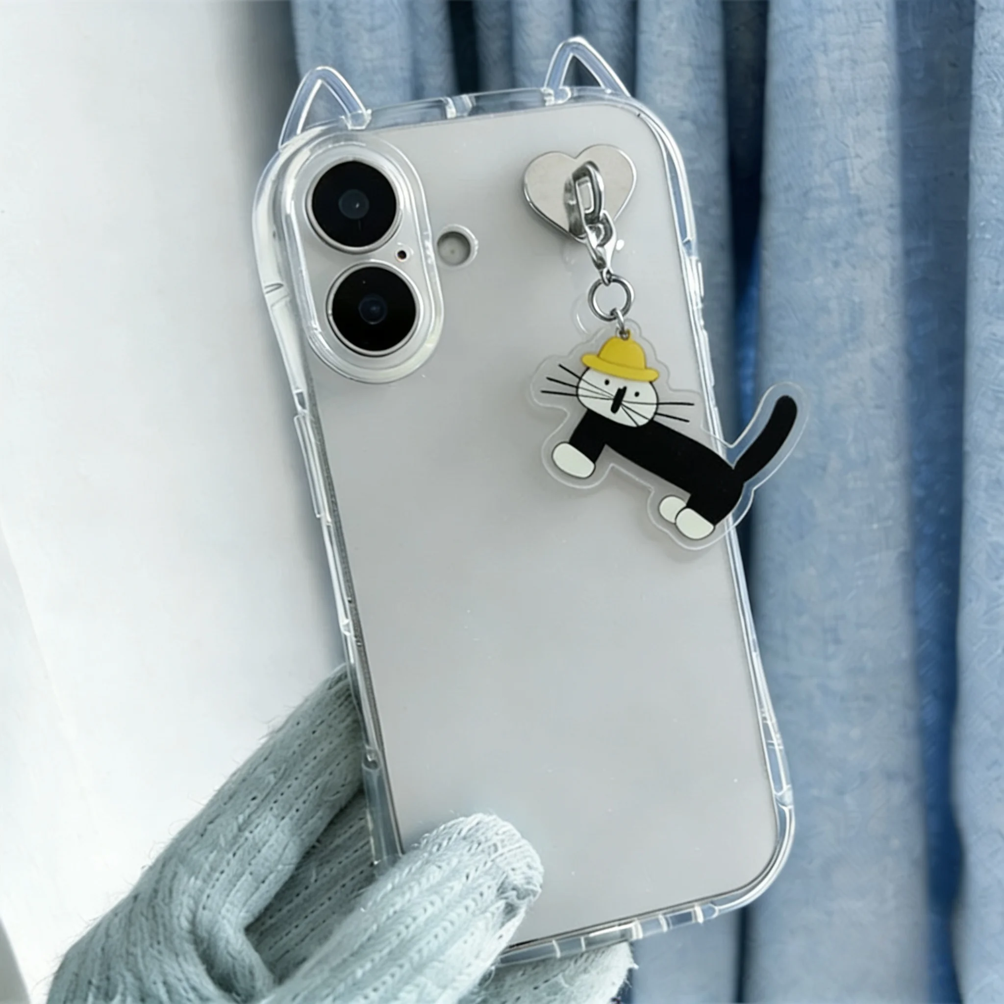 Adorable Black Cat 3D Ears Phone Case with Key Chain Pendant