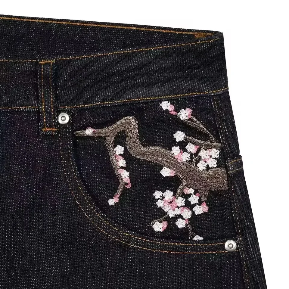 Y2K Vintage Low Waist Hip Hop Cherry Blossom Embroidered Jeans Wide Leg Trousers Clothes Mens Embroidered Baggy Jeans Womes 2