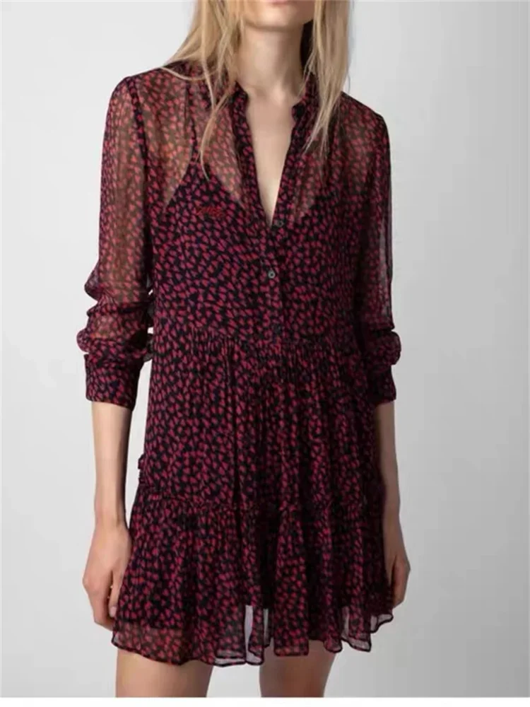 

Women's Mini Dress 2023 New Spring Summer Viscose Print Turn-down Collar Ruffles Sweet Long Sleeve Short Robes