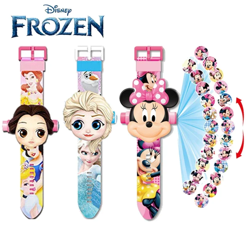 

Kawaii Frozen Princess Minnie Mouse Flip Watch Disney Cartoon Anime Figure 3D Projection Children's Watch Toys Birthday Gift