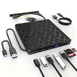 7 - in - 1 Portable External CD/DVD Burner with USB 3.0 & Type C Connectivity (Black)