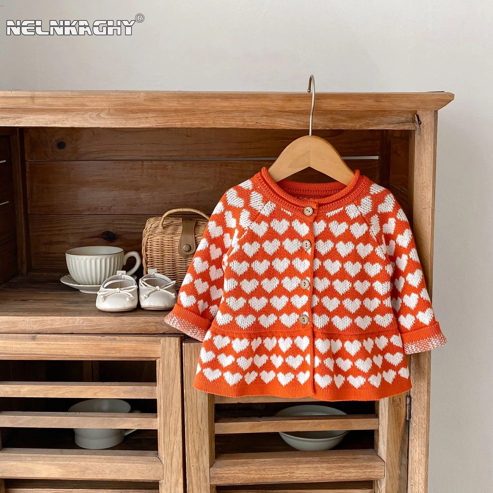 

2023 Autumn New Arrival: Kids' Baby Girl's Love Knitted Top - Full Sleeve O-neck Wide Hem Coat Infant Cotton Cardigan 0-3Y