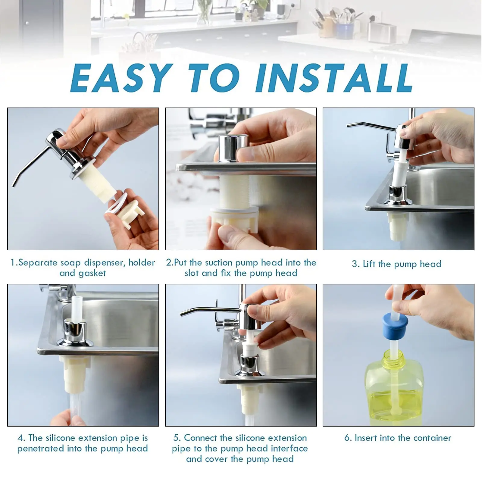 304 Stainless Steel Sink Soap Dispenser Kitchen Sink Hand Sanitizer Bottle Soap Dispenser Pump Head Extension Tube Presser 6