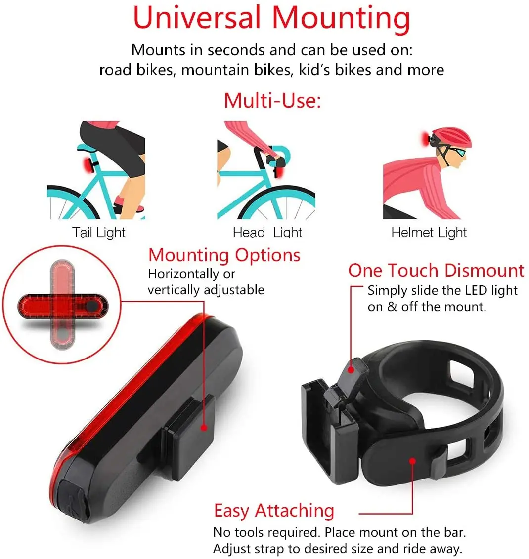 USB Rechargeable Ultra Bright Red Rear Bike Tail Light - Easy Install