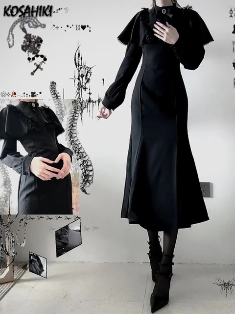 Robe plissée en dentelle noire, Streetwear, Vintage, Patchwork, Grunge Y2k, esthétique, gothique, Harajuku, moulante, avec nœud 1