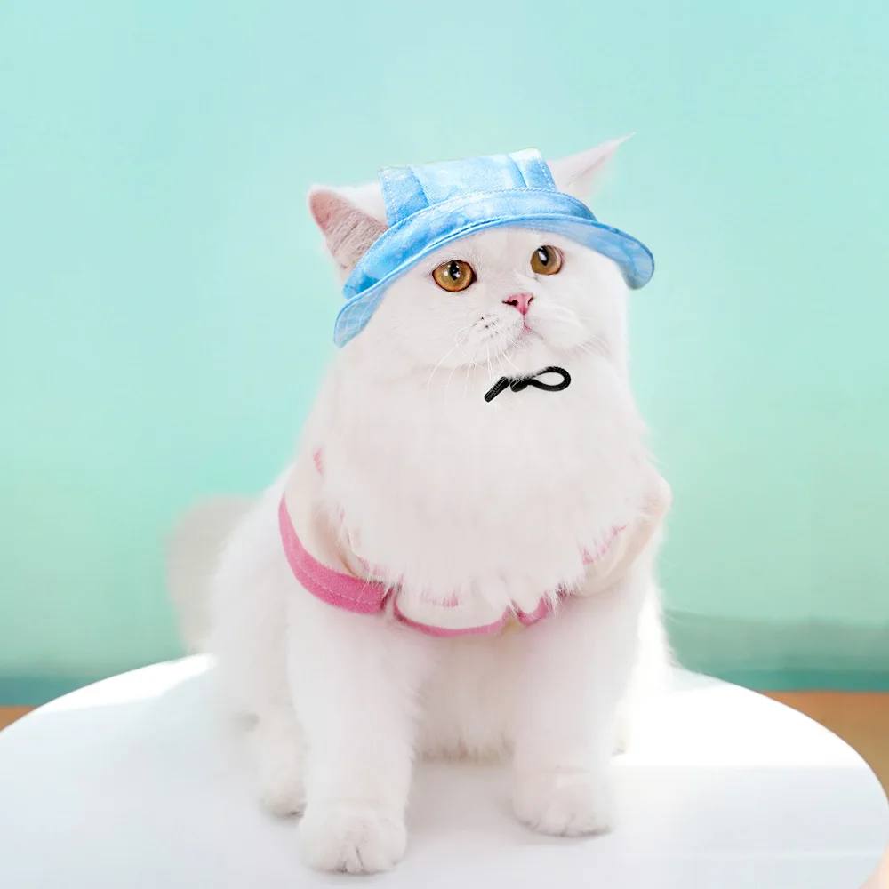 귀 구멍이있는 목화 고양이 태양 모자 둥근 테두리 개 강아지 고양이 양동이 모자 작은 중형 고양이 개를위한 야외 태양 보호 애완 동물 모자