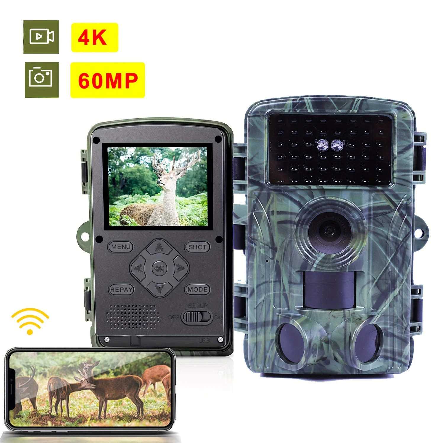 야외 야생 동물 모니터링용 야간 투시 방수 사냥 카메라, 4K 와이파이 60MP 트레일 카메라, 2 인치 스크린