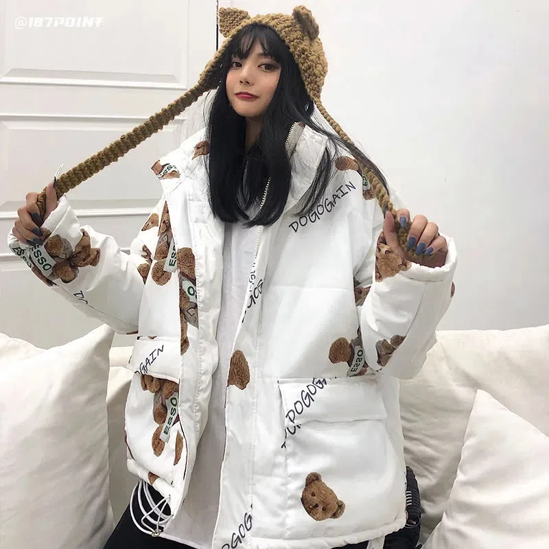 Winter 2022 New Japanese Women's Sweet Coat Cartoon Print Warm Coat Girl Kawaii Hooded Coat Fashionable Female Woman Jacket