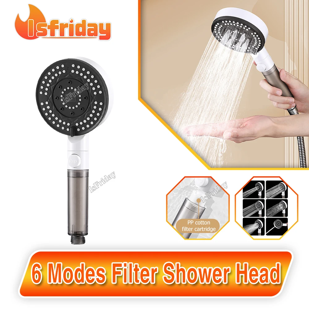 

Насадка для душа с фильтром, 6 режимов, защита от известняка, высокое давление, защита от дождя, шланг для остановки воды, смеситель, набор аксессуаров для ванной комнаты