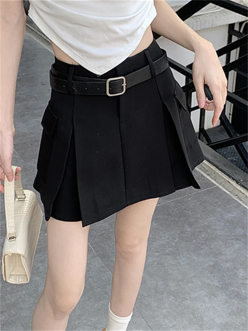 

PLAMTEE Summer Solid Pleated Mini Skirts Women Casual 2024 Chic Minimalist New A-Line High Waist Preppy Style Office Lady