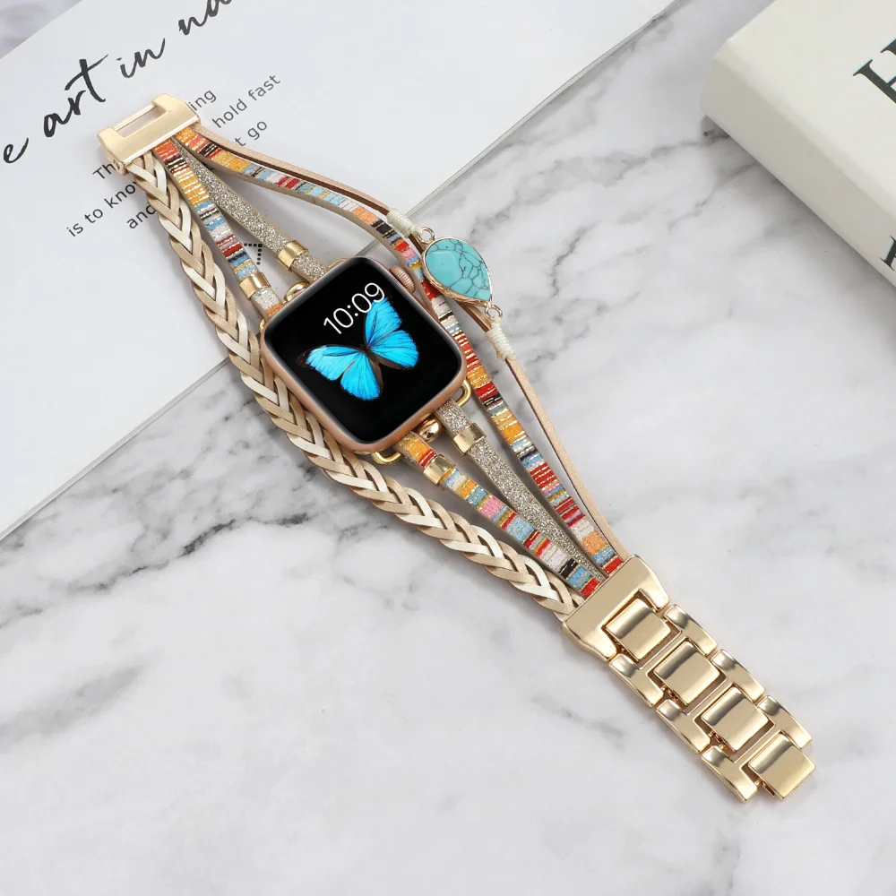 Leather Strap for Apple Watch Band 44mm 45mm 41mm 40mm 49mm 42mm 38mm Women Metal Bracelet iWatch Series 7 6 5 4 SE 8 Ultra Belt