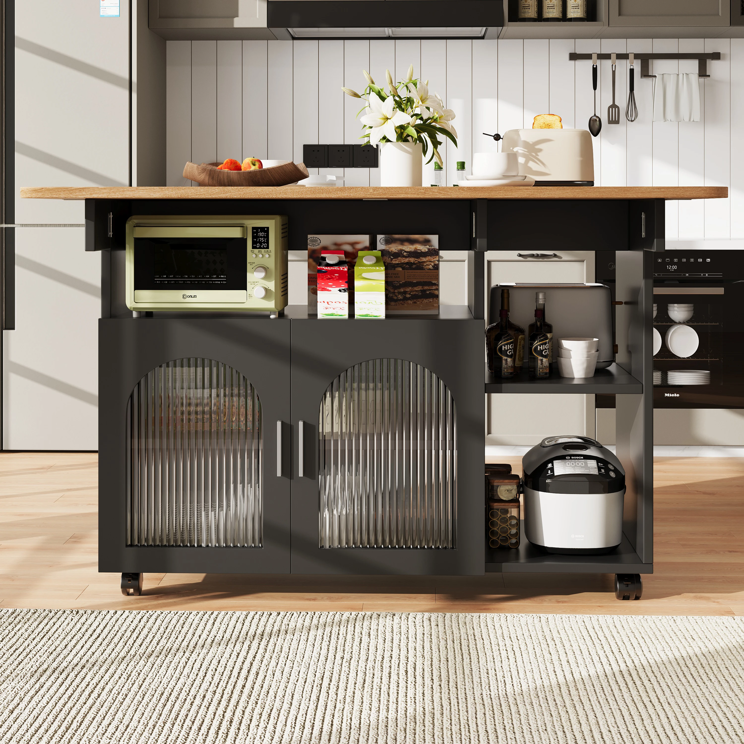 Moderner abnehmbarer Servierwagen für Kücheninsel, Esszimmerwagen mit Holzgitter, multifunktionaler Esstisch mit Stauraum – Detail 2