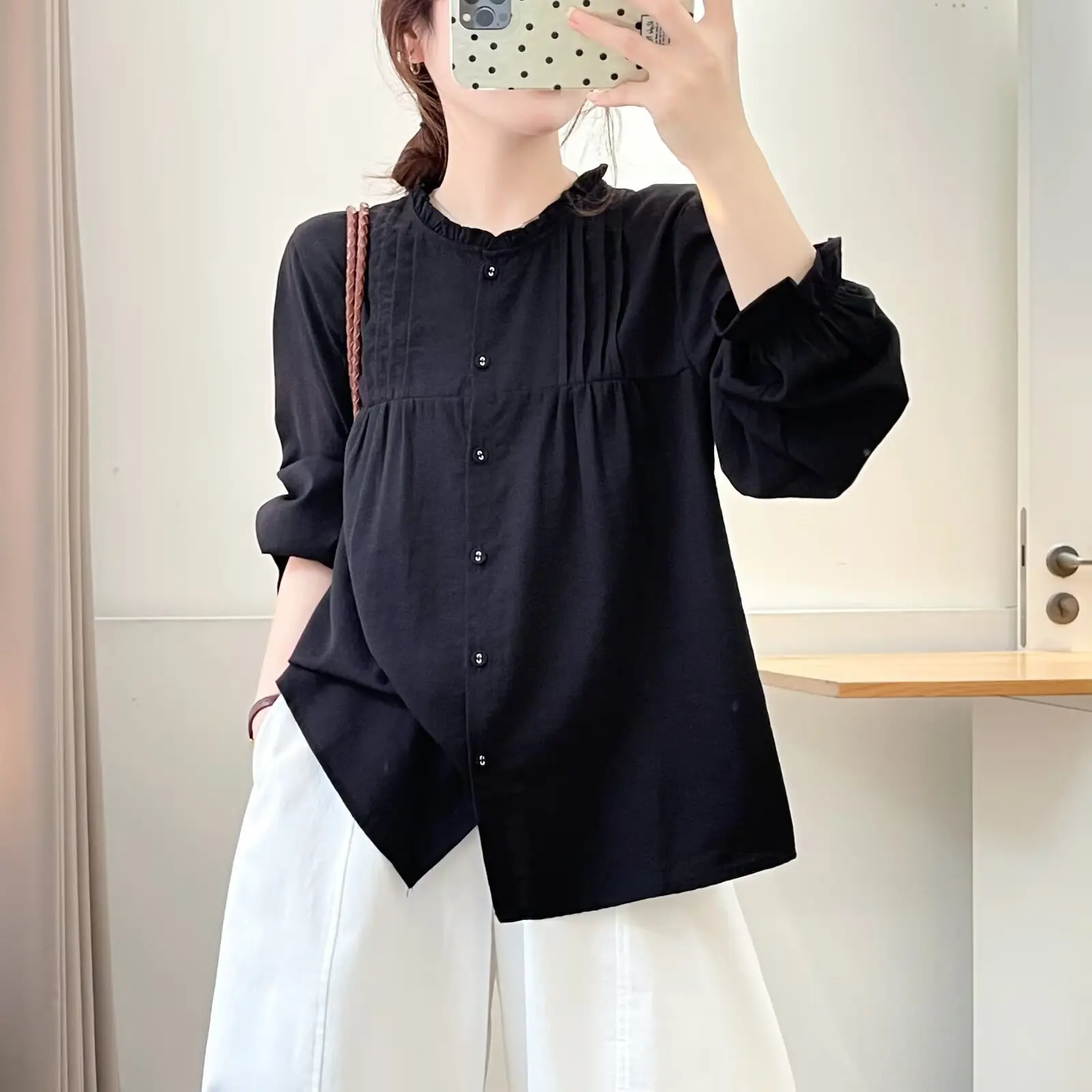 Fashion Plus Size Women's Blouses 2025 Autumn Style Ruffle Collar Long Sleeve Shirt Stylish Fold Top 011