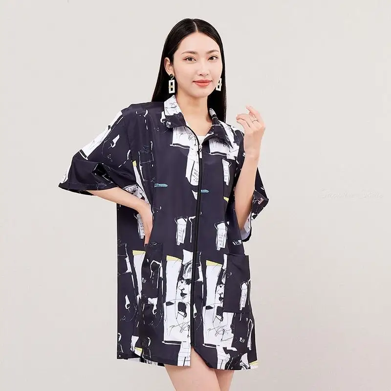 반팔 프린트 작업복, 카멜레온 방수 가운, 이발소 앞치마, 미용, 반려동물 미용, 이발 랩, 여름