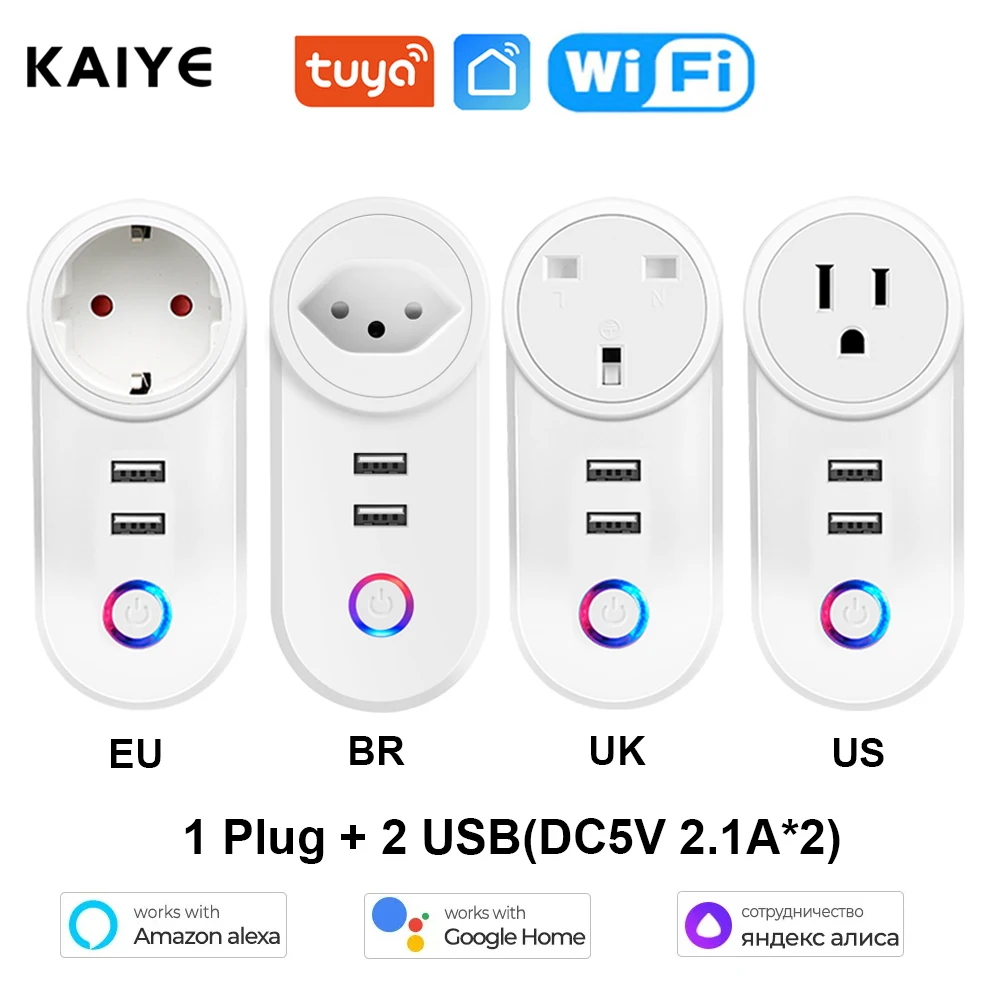 

Tuya 16A WiFi Smart Plug Power Socket With 2 USB Charge Outlet EU US UK Brazil Israel Plug Voice Control for Alexa Google Home