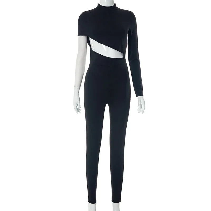 Irregular Hollow Out Body Shaping Black Jumpsuits Women Autumn Winter High Waist Long Sleeve High Waist Rompers Y2k Streetwear