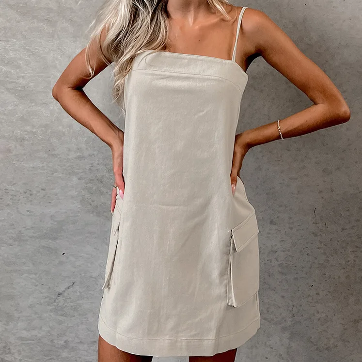 

Women Clothing Dress French Style Cotton Linen Square Collar Halter High-waisted Dress 2024 New Fashionable Summer Short Dress