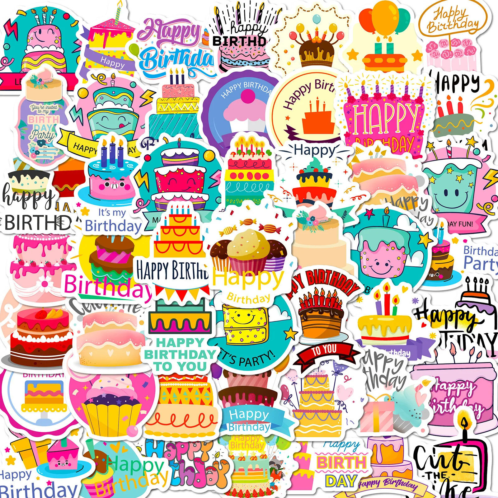 

10/30/50PCS New INS Birthday Cake Stickers Cartoon Creative Anime iPad Computer Table and Chair Decoration Waterproof Wholesale