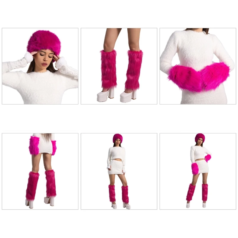 

Furry Hat Y2K Subculture Knee High Leg Warmers Pink Hat for Sweet Girls for Winter Leggings Boot Toppers