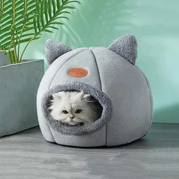 Casa para gatos cálida y bonita con forma de cabeza de gato, cueva para dormir segura, diseño semicerrado antideslizante, nido Universal para gatos para las cuatro estaciones 1