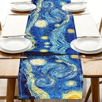 Van Gogh Starry Night Inspired Linen Table Runner Art Design For Dining Kitchen Decor Rectangular Farmhouse Sky And Moon Motif 1