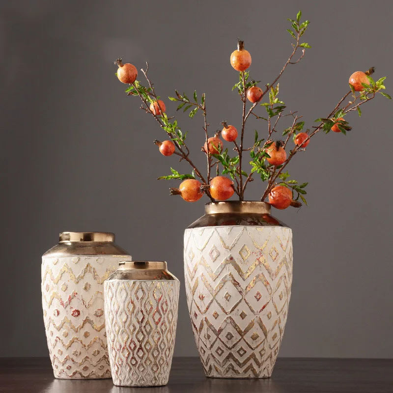 

Современная простая американская винтажная керамическая ваза с орнаментом, засушенные цветы, креативный обеденный стол для гостиной