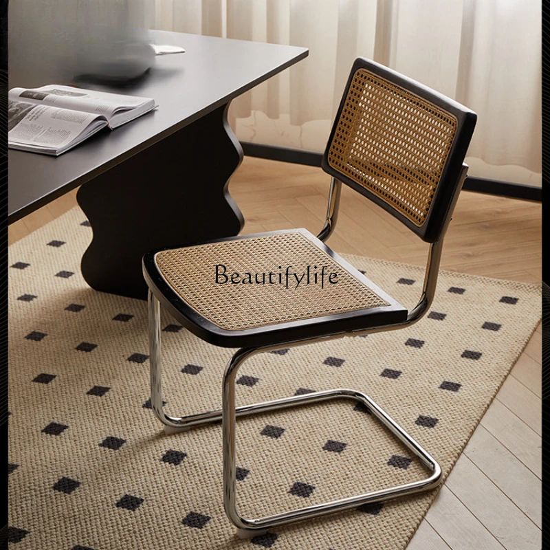 

Solid Wood Dining Chair Home Backrest Rattan Coffee Shop Leisure Chair Black Antique Style