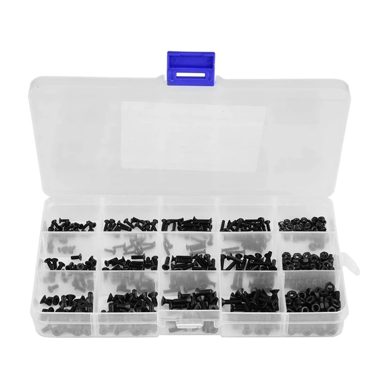 

480Pcs M2 M2.5 M3 Hexagon Socket Screws And Hexagon Nuts Hexagon Socket Countersunk Head Black Carbon Steel Screw Set