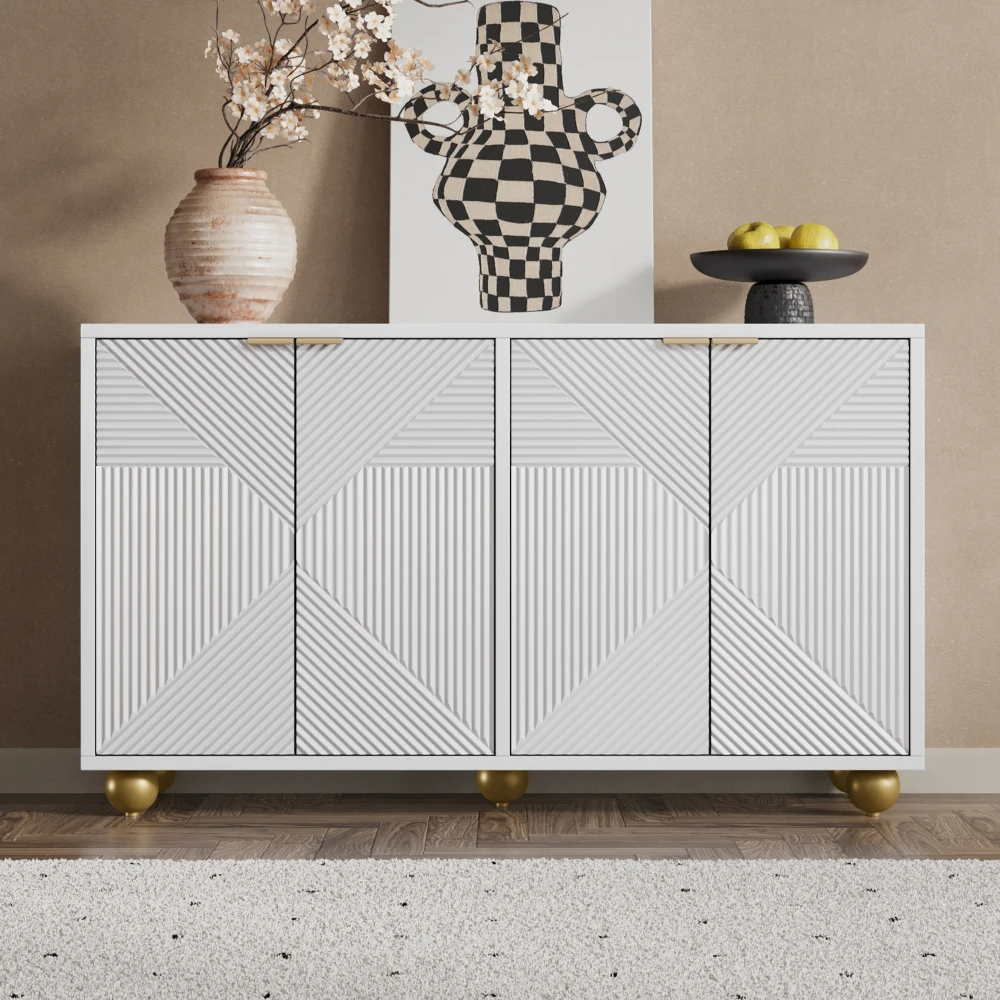 Elegantes Sideboard mit vier Türen | Verstellbare Innenböden, Metallgriffe und klassische kugelförmige Beine, Aufbewahrungsschrank – Detail 17