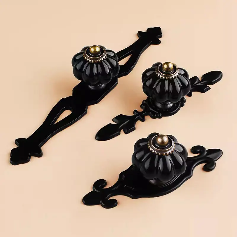 Black Ceramic Single Hole Knobs with Backplate for Drawer Antique Bronze Dresser Wardrobe Pulls Pumpkin Creative Cabinet Handles
