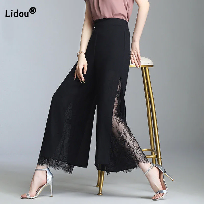 

Повседневные Модные кружевные шифоновые брюки с разрезом и широкими штанинами, Летняя женская одежда, свободные брюки в Корейском стиле с высокой талией