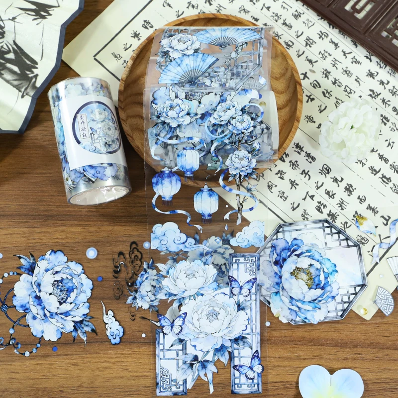 7cm * 2m 파란색과 흰색 도자기 PET 와시 테이프 모란 투명 롤 스티커 장 접착 테이프 ForScrapbooking Journal