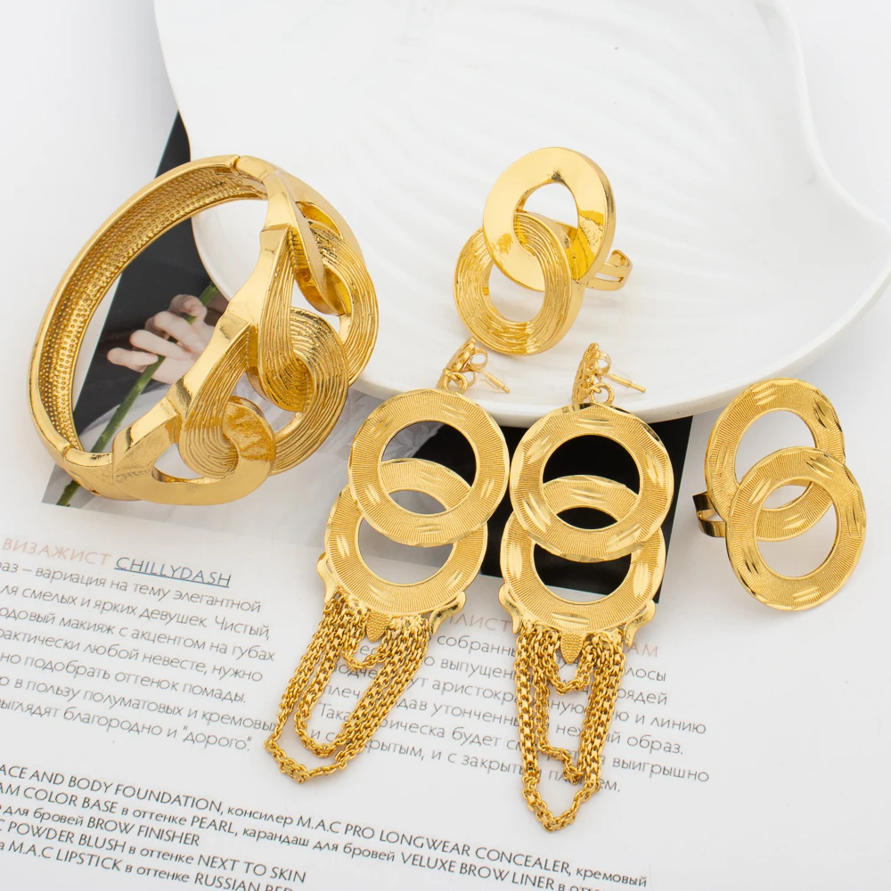 18-каратное позолоченное кольцо, серьги, браслеты, комплект, африканский модный роскошный комплект ювелирных изделий в Дубае для женщин, повседневная одежда, подарок для вечеринки