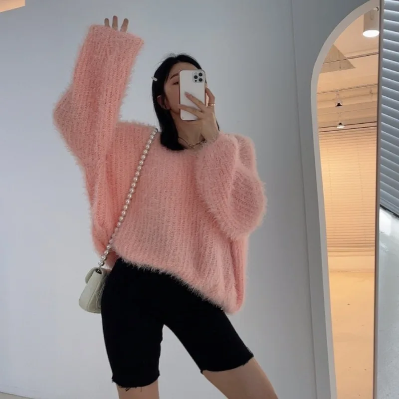 

Korean retro lazy imitation mink cashmere sweater line neck burst autumn and winter design sense of niche sweater