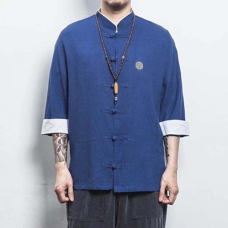 Summer Crane Embroidery Top Traditional Chinese Clothing chinese dress martial arts clothing For Men Vintage Half Sleeve Linen Shirts Madarin Collar Hanfu Kungfu