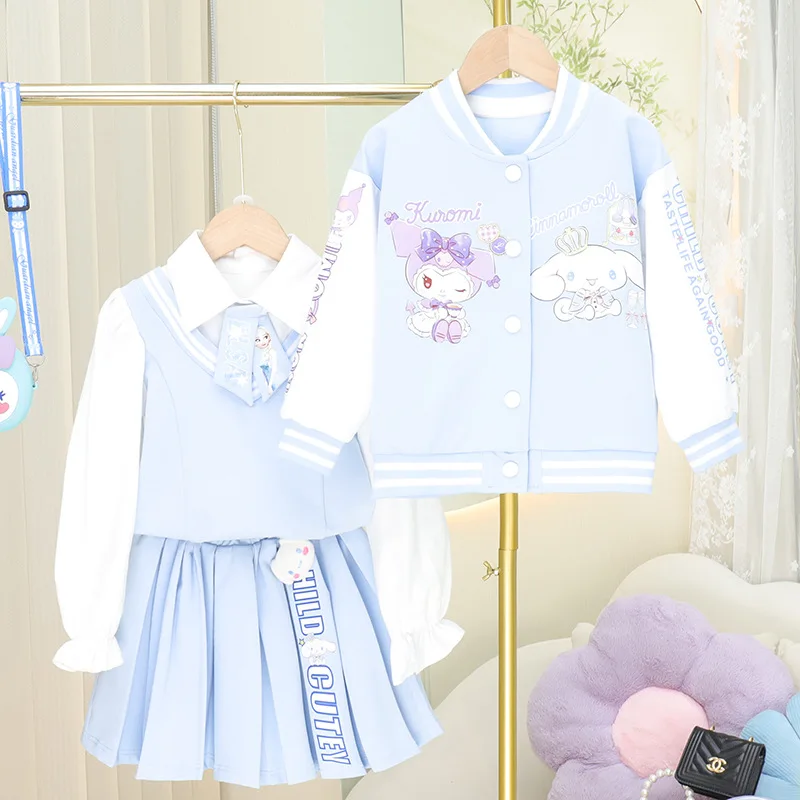 

3Pcs Cinnamoroll Kawaii Sanrio Anime Children Autumn Winter Suit Cute Baseball Uniform Coat Shirt Pleated Skirt Kids for Gifts