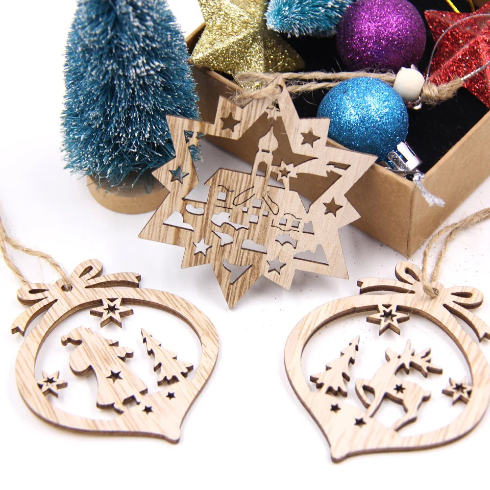6PCS Christmas Wooden Pendants Creative Hollow Hanging Ornaments for Christmas Tree Decor Kids Gifts DIY Painting