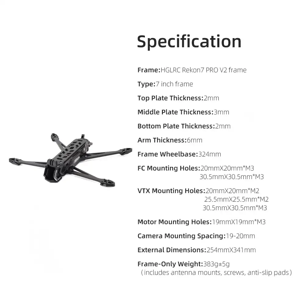 HGLRC Rekon7 PRO V2 7-дюймовая гоночная рама FPV с дальним радиусом действия, колесная база 324 мм thumbnail 4