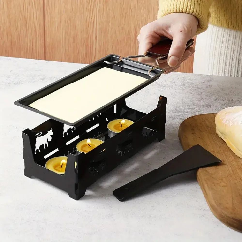 Rectangle Cheese Raclette Stove Set Carbon Steel with Candle Cheese Melting Tray with Shovel Non-Stick Grill Plate