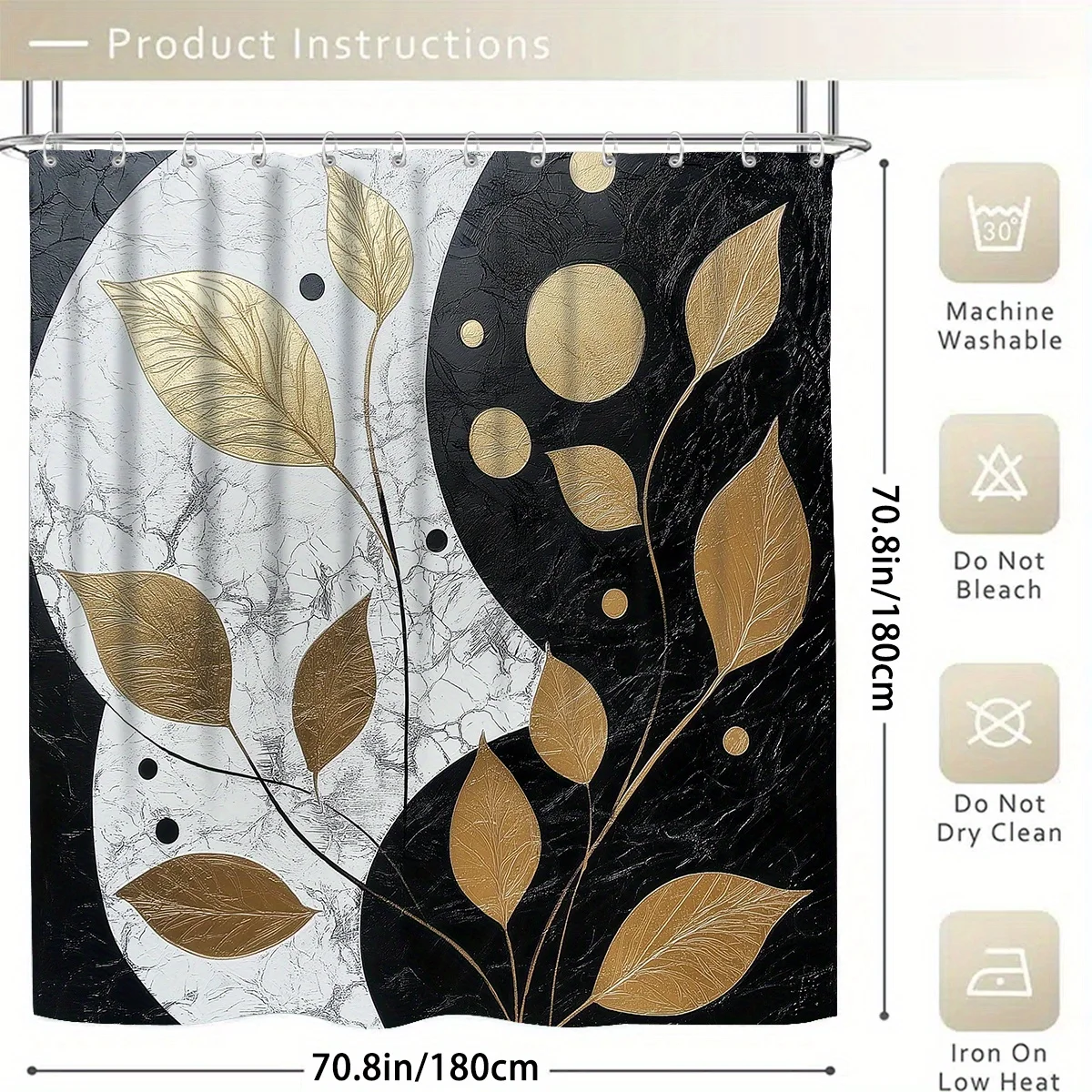 4종세트, 블랙, 화이트, 골드 추상 잎 패턴, 샤워커튼, 미끄럼방지매트, U자매트, 변기시트
