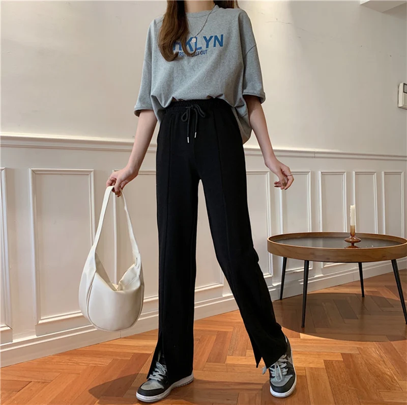 Split Wide Leg Pants Women's 2021 New High Waist Drape Thin Versatile Loose Straight Casual Sports Trousers for Female plaid pants